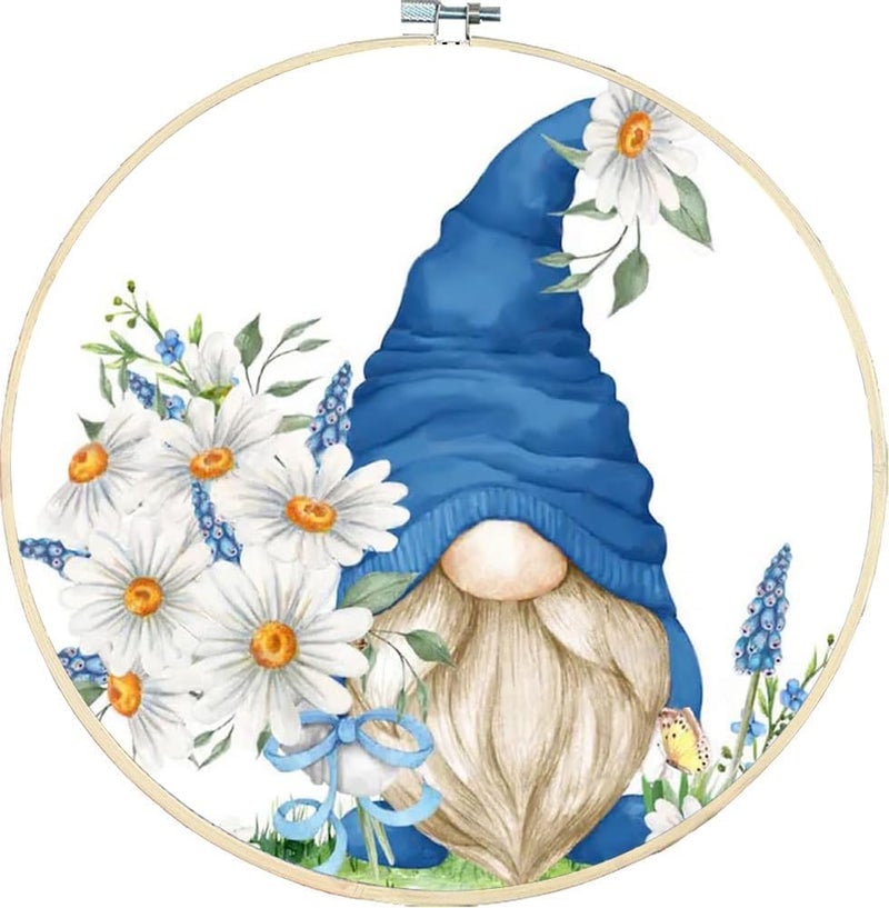 Tiwabb Stamped Cross Stitch Kits for Adults with Frame - Gnome Flower Embroidery Kits for Beginners Adults,11 CT Patterns Dimensions Counted Cross Stitch Kits Arts Craft Kits,for Gift and Home Decor 8x8inch - Image 1